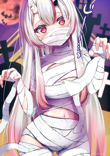 Anime picture 1447x2047 with virtual youtuber hololive nakiri ayame seta (seta105) single long hair tall image looking at viewer fringe light erotic hair between eyes red eyes white hair head tilt multicolored hair horn (horns) inscription streaked hair ass visible through thighs halloween