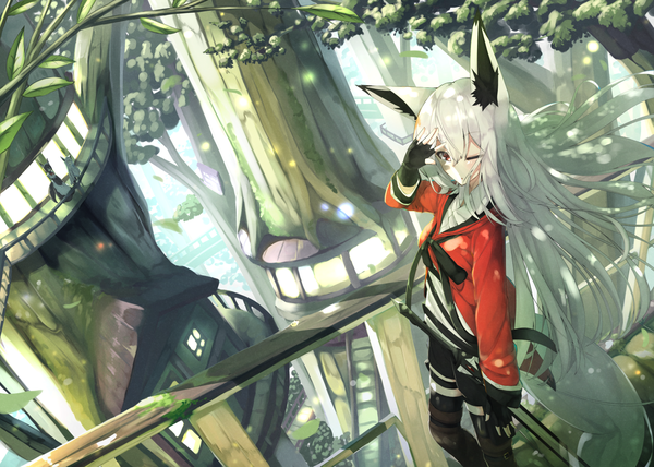 Anime picture 1500x1072 with original shiro youduki long hair looking at viewer blush fringe open mouth hair between eyes red eyes standing multiple girls animal ears outdoors white hair tail long sleeves animal tail one eye closed arm up from above