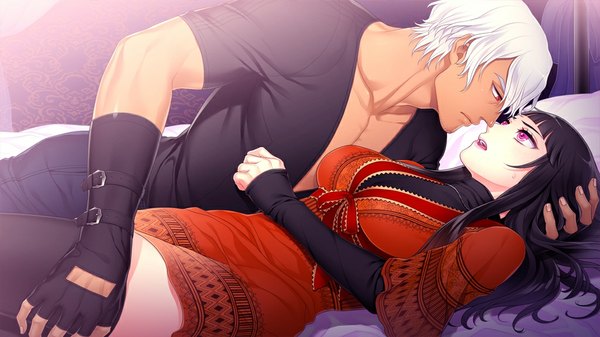 Anime picture 1024x576 with sanzen sekai yuugi nakahara tomoe orion dreadnought long hair short hair open mouth red eyes wide image purple eyes purple hair white hair lying zettai ryouiki couple surprised girl thighhighs boy gloves fingerless gloves