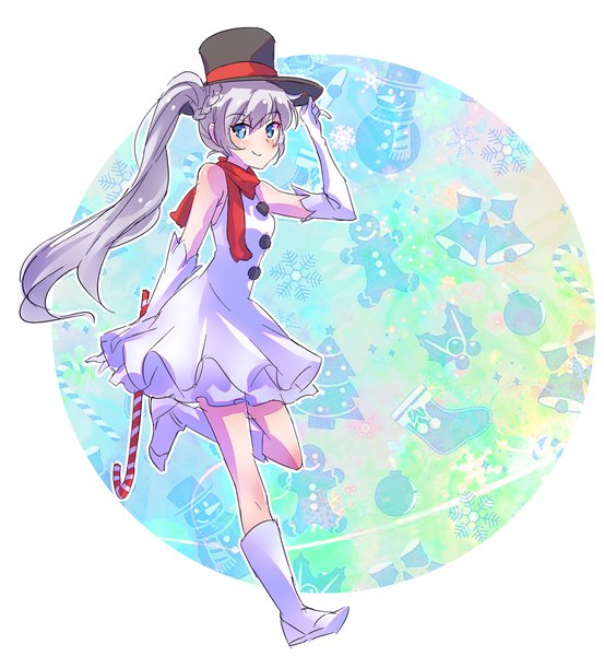 Anime picture 1659x1800 with rwby rooster teeth weiss schnee iesupa single long hair tall image looking at viewer blue eyes smile standing silver hair side ponytail standing on one leg christmas scar outline adapted costume girl dress