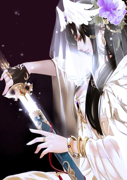 Anime picture 1000x1415 with original liu shuang fei (artist) single long hair tall image fringe breasts black hair holding cleavage profile lips glowing pale skin girl dress ribbon (ribbons) weapon earrings sword