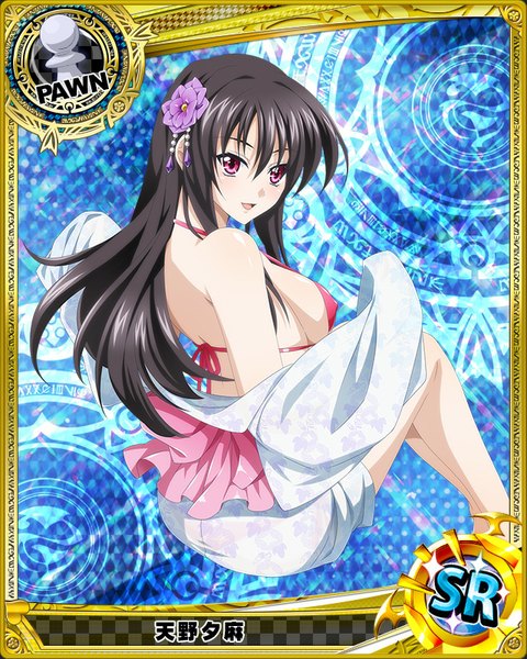 Anime picture 640x800 with highschool dxd raynare (dxd) single long hair tall image looking at viewer breasts open mouth light erotic black hair purple eyes hair flower card (medium) girl hair ornament flower (flowers) swimsuit bikini