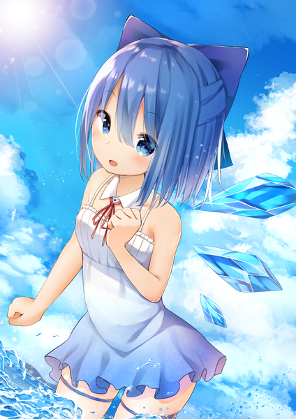 Anime-Bild 1190x1684 mit touhou cirno mamemochi single tall image looking at viewer blush fringe short hair breasts open mouth blue eyes smile hair between eyes standing bare shoulders blue hair sky cloud (clouds) outdoors
