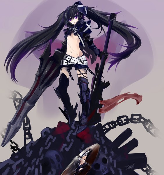 Anime picture 4400x4679 with black rock shooter insane black rock shooter baraen long hair tall image highres light erotic black hair twintails purple eyes absurdres scar skull and crossbones girl navel weapon sword jacket shorts boots