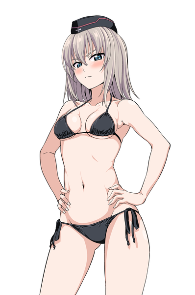 Anime picture 1200x1809 with girls und panzer itsumi erika hiroyuki single long hair tall image looking at viewer blush fringe breasts blue eyes light erotic simple background hair between eyes white background grey hair from below underboob groin ass visible through thighs