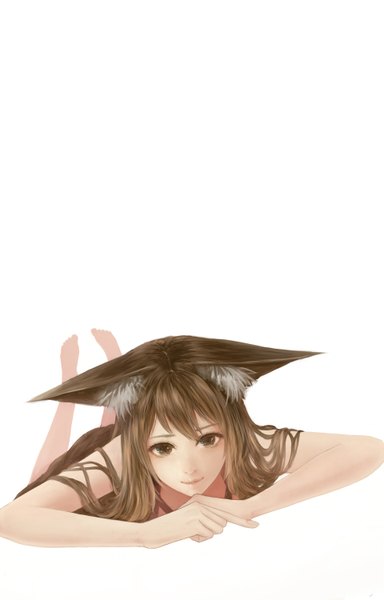 Anime picture 960x1500 with original bounin single long hair tall image looking at viewer simple background brown hair white background brown eyes animal ears lying barefoot light smile on stomach girl