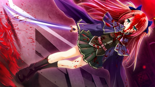 Anime picture 1280x720 with master re:master (game) long hair wide image green eyes game cg red hair loli girl uniform weapon school uniform sword katana blood