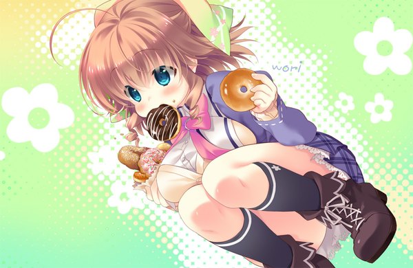Anime picture 1000x650 with kimi e okuru, sora no hana nishizono kanna wori single looking at viewer blush short hair breasts blue eyes light erotic simple background brown hair large breasts signed looking away ahoge mouth hold plaid skirt eating plaid