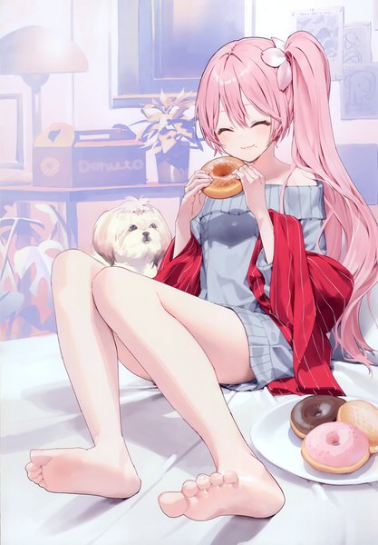 Anime picture 2409x3465 with original kitada mo single long hair tall image looking at viewer blush fringe highres light erotic sitting holding pink hair full body bent knee (knees) indoors eyes closed barefoot off shoulder side ponytail