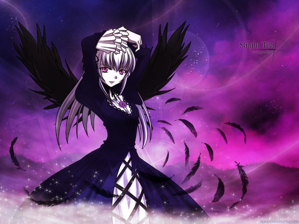 Anime picture 1600x1200 with rozen maiden suigintou single long hair signed white hair pink eyes inscription arms behind head black wings goth-loli girl dress wings black dress feather (feathers) brooch