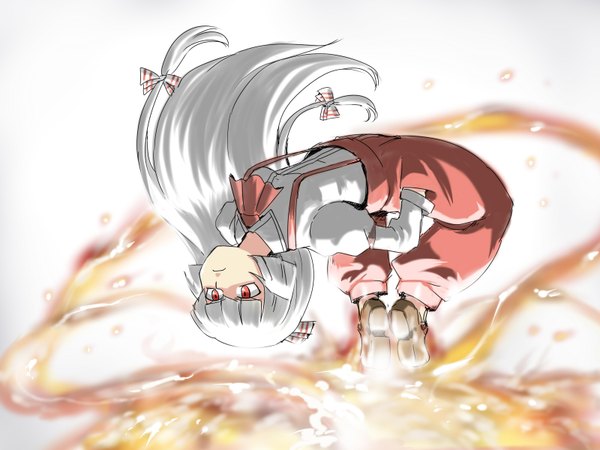 Anime picture 1600x1200 with touhou fujiwara no mokou tsuki wani long hair highres silver hair arched back hands in pockets upside down backflip girl ribbon (ribbons) fire suspenders