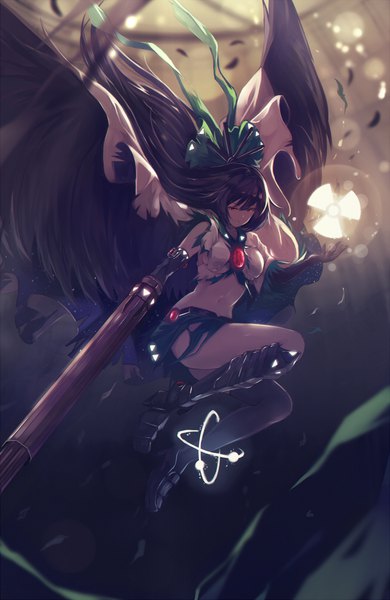 Anime picture 651x1000 with touhou reiuji utsuho nakaichi (ridil) single long hair tall image breasts light erotic black hair red eyes bent knee (knees) bare belly high heels torn clothes looking down light black wings jumping starry sky print arm cannon