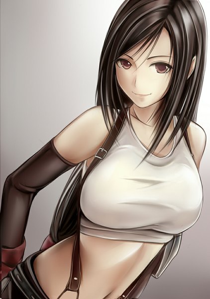 Anime picture 703x1000 with final fantasy final fantasy vii square enix tifa lockhart nannacy7 single long hair tall image looking at viewer black hair simple background brown eyes light smile midriff girl skirt gloves navel miniskirt elbow gloves