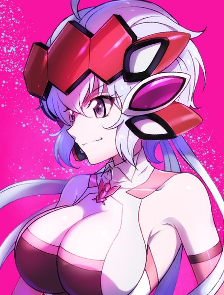 Anime picture 1552x2048 with senki zesshou symphogear satelight yukine chris tatsuki (pizza no tempra) single long hair tall image breasts light erotic simple background large breasts purple eyes bare shoulders looking away cleavage silver hair ahoge upper body pink background girl