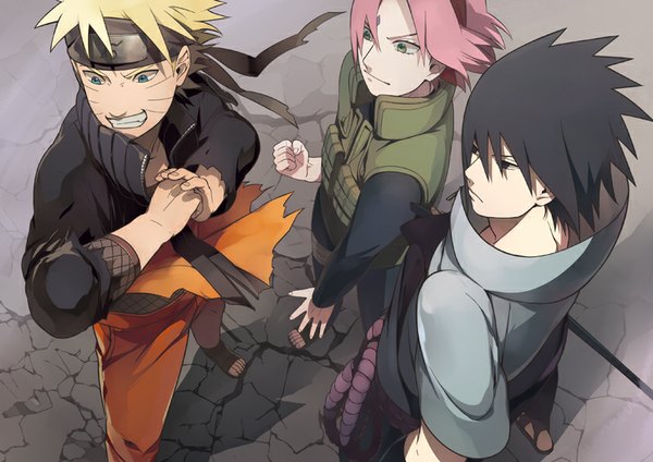 Anime picture 800x566 with naruto studio pierrot naruto (series) uzumaki naruto uchiha sasuke haruno sakura oba-min fringe short hair open mouth blue eyes black hair blonde hair smile standing green eyes looking away pink hair fingernails from above