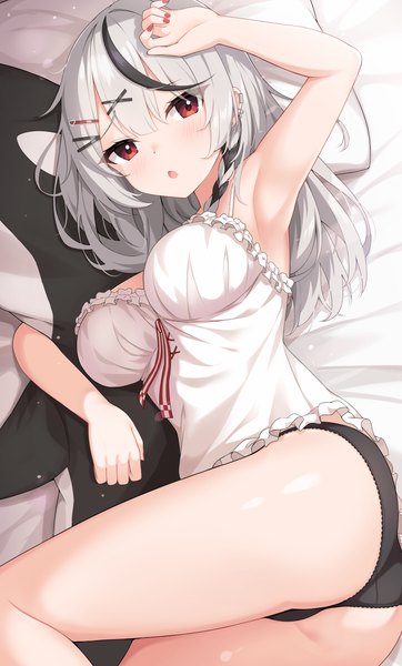 Anime picture 3200x5300 with virtual youtuber hololive sakamata chloe hayana neru single long hair tall image looking at viewer blush fringe highres breasts open mouth light erotic black hair hair between eyes red eyes absurdres white hair lying