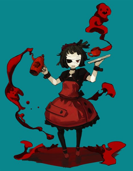Anime picture 2200x2816 with original nekotewi single tall image highres short hair black hair simple background red eyes teeth fang (fangs) girl dress hairband blood eyepatch cup child (children) teapot