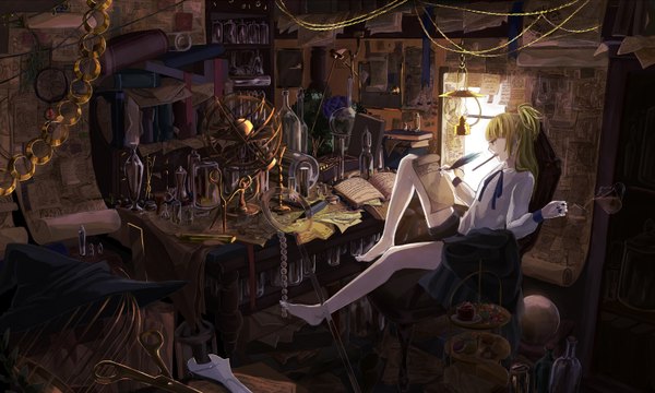 Anime picture 1584x952 with original kajyu23 long hair blue eyes blonde hair wide image sitting barefoot girl uniform school uniform shirt food sweets book (books) feather (feathers) bottle paper tea cage