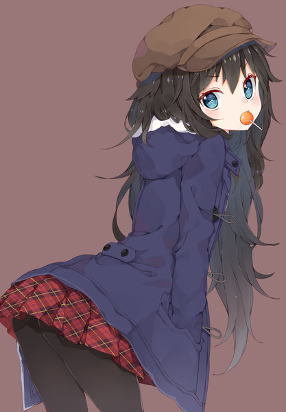 Anime picture 773x1112 with original chico152 single long hair tall image looking at viewer blush fringe blue eyes light erotic black hair simple background standing holding ass pleated skirt looking back teeth fang (fangs) leaning