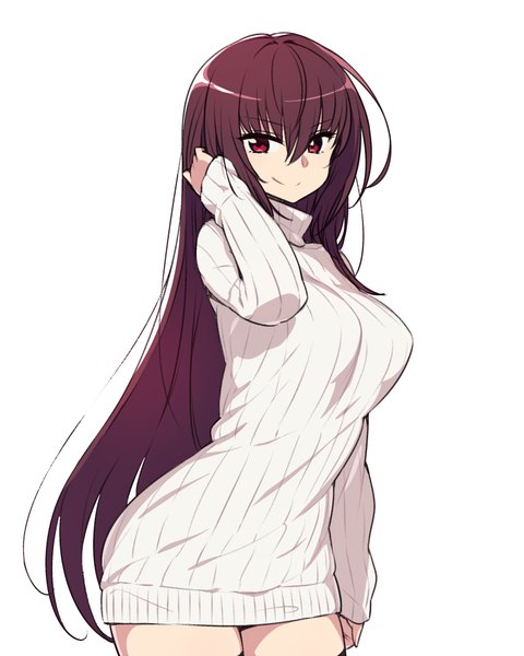 Anime picture 800x1000 with fate (series) fate/grand order scathach (fate) (all) scathach (fate) chan co single tall image looking at viewer fringe breasts simple background hair between eyes red eyes large breasts standing white background purple hair ahoge very long hair alternate costume