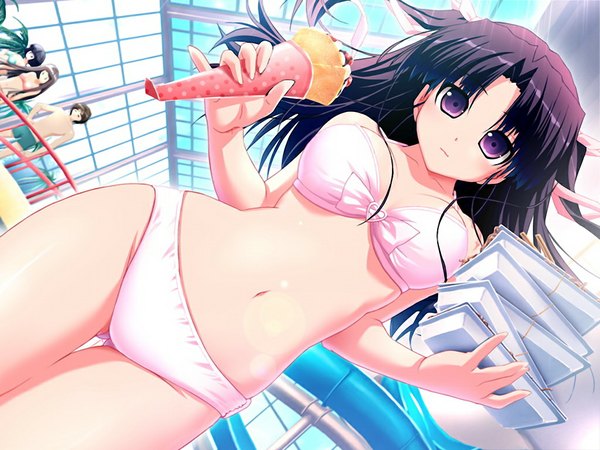 Anime picture 1024x768 with gengetsu no pandora aisaka shinorin long hair light erotic black hair purple eyes game cg girl swimsuit bikini food