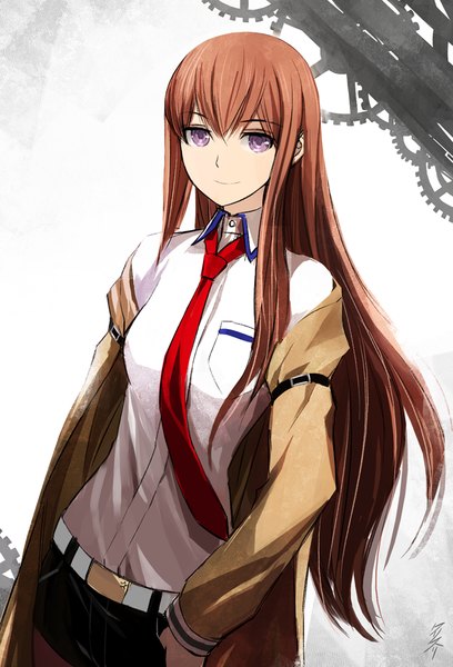 Anime picture 720x1058 with steins;gate white fox makise kurisu kriss sison single long hair tall image looking at viewer fringe breasts smile standing purple eyes girl underwear panties shirt pantyhose shorts white shirt