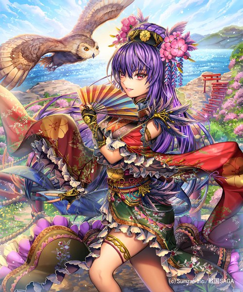 Anime-Bild 800x960 mit sengoku saga ells (ellsat) single long hair tall image looking at viewer fringe hair between eyes red eyes standing holding sky purple hair cloud (clouds) outdoors traditional clothes parted lips japanese clothes light smile wide sleeves