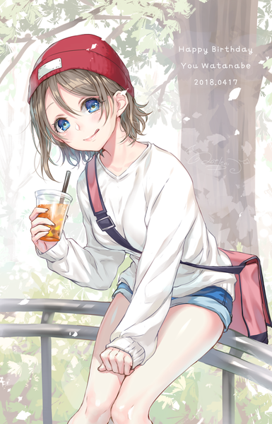 Anime picture 900x1400 with love live! sunshine!! sunrise (studio) love live! watanabe you ao+beni single tall image looking at viewer blush fringe short hair breasts blue eyes brown hair sitting holding signed outdoors character names dated