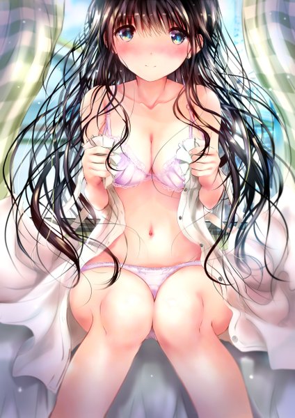 Anime picture 1736x2456 with original ogata tei single long hair tall image looking at viewer blush fringe highres breasts blue eyes light erotic black hair smile hair between eyes sitting bare shoulders payot bent knee (knees) indoors