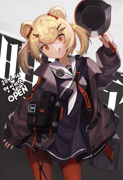 Anime picture 1000x1458 with arknights gummy (arknights) sl86 single tall image looking at viewer short hair blonde hair twintails animal ears head tilt open jacket orange eyes text dated short twintails :p sailor collar korean girl