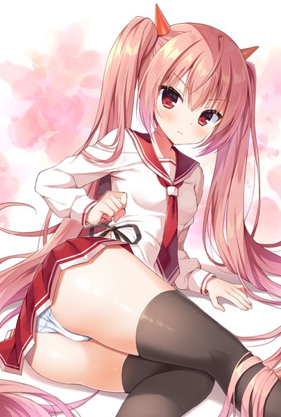 Anime picture 811x1200 with hidan no aria kanzaki h aria mauve single tall image looking at viewer blush fringe light erotic red eyes twintails pink hair ahoge bent knee (knees) ass long sleeves very long hair horn (horns) pantyshot reclining