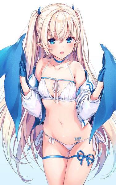 Anime picture 1197x1906 with original komeshiro kasu single long hair tall image looking at viewer blush fringe breasts open mouth blue eyes light erotic simple background blonde hair hair between eyes standing white background bare shoulders cleavage horn (horns)