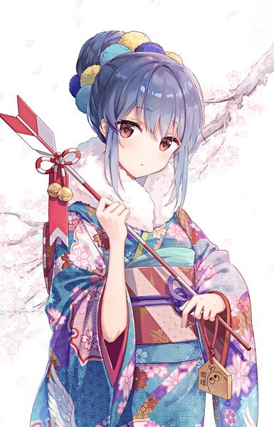 Anime picture 962x1500 with yurucamp shima rin luli ovo single long hair tall image looking at viewer red eyes holding blue hair traditional clothes japanese clothes :o hair bun (hair buns) cherry blossoms girl hair ornament kimono obi branch