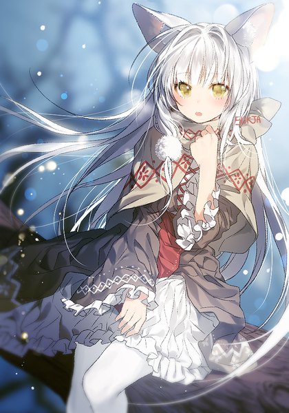 Anime-Bild 700x1000 mit original sorolp single long hair tall image looking at viewer blush fringe open mouth sitting signed animal ears yellow eyes silver hair ahoge wind blurry wide sleeves dutch angle depth of field