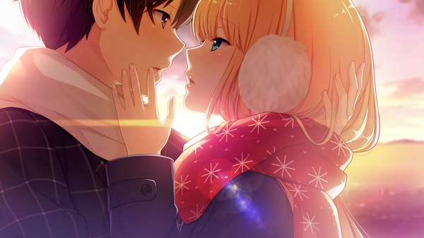 Anime picture 1280x720 with gin'iro haruka bethly rose daisley long hair blush short hair blue eyes black hair blonde hair wide image game cg couple evening sunset almost kiss girl boy headphones scarf earmuffs