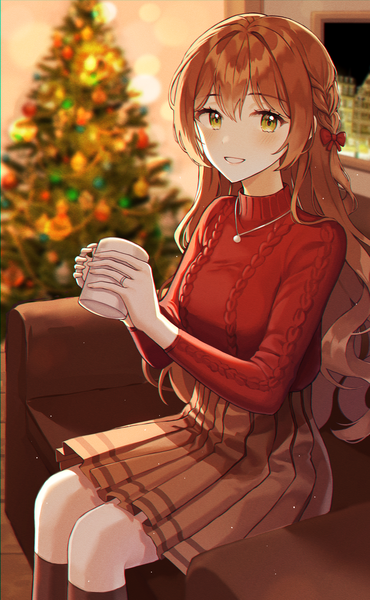 Anime picture 2877x4667 with original monjja single long hair tall image looking at viewer blush fringe highres smile hair between eyes sitting holding green eyes payot indoors braid (braids) long sleeves pleated skirt blurry