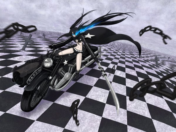 Аниме картинка 1536x1152 с стрелок с чёрной скалы вокалоид black rock shooter (character) kurakumo nue два хвостика шахматный фон девушка меч бикини (верхняя часть)