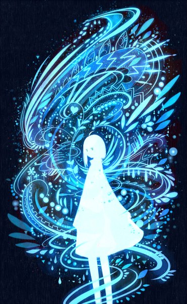 Anime picture 840x1360 with original bounin single tall image short hair blue eyes simple background standing ahoge glowing black background white skin girl dress plant (plants) white dress insect butterfly
