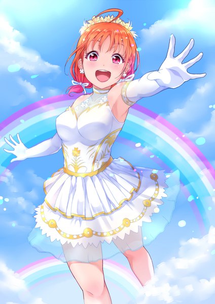 Anime picture 1000x1416 with love live! sunshine!! sunrise (studio) love live! takami chika kanabun single tall image looking at viewer blush fringe short hair breasts open mouth smile standing twintails sky cloud (clouds) ahoge :d