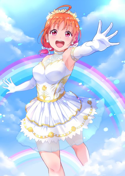 Аниме картинка 1000x1416 с живая любовь! сияние!! sunrise (studio) love live! таками чика kanabun один (одна) высокое изображение смотрит на зрителя румянец чёлка короткие волосы грудь открытый рот улыбка стоя два хвостика небо облако (облака) ахоге :d