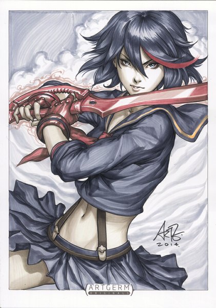 Anime picture 702x1000 with kill la kill studio trigger matoi ryuuko artgerm (stanley lau) single tall image looking at viewer short hair blue eyes black hair signed red hair multicolored hair realistic inscription two-tone hair midriff streaked hair border girl