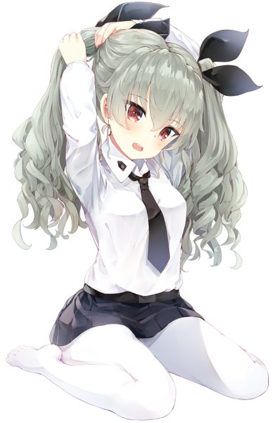 Anime picture 900x1357 with girls und panzer anchovy (girls und panzer) somalisu single long hair tall image blush fringe open mouth hair between eyes red eyes sitting twintails looking away silver hair full body bent knee (knees) head tilt pleated skirt arm up