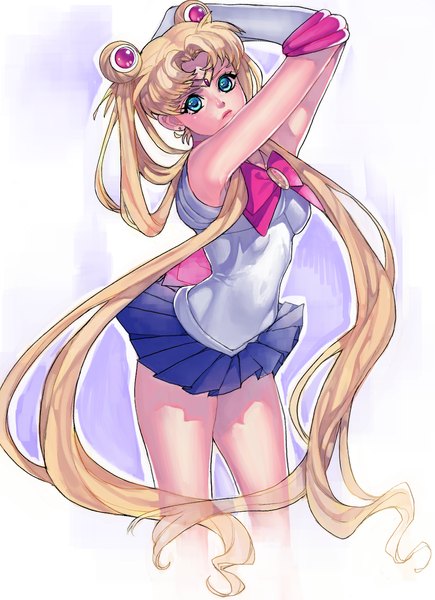 Anime picture 1095x1508 with bishoujo senshi sailor moon toei animation tsukino usagi sailor moon arutera single tall image looking at viewer simple background blonde hair white background twintails very long hair pleated skirt aqua eyes arms behind head girl bow