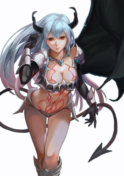 Anime picture 1000x1415 with shingeki no bahamut shingeki no bahamut: genesis amira (shingeki no bahamut) z.h.y single long hair tall image looking at viewer fringe breasts light erotic simple background red eyes large breasts white background cleavage silver hair tail horn (horns) wind