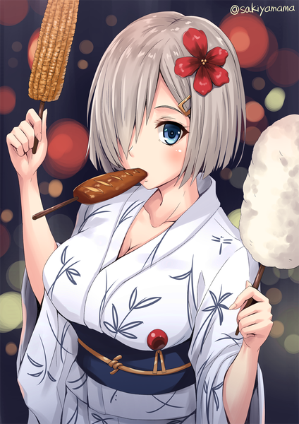 Anime-Bild 800x1131 mit kantai collection hamakaze destroyer sakiyamama single tall image looking at viewer blush fringe short hair breasts blue eyes large breasts standing holding signed cleavage silver hair traditional clothes japanese clothes hair flower