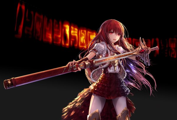 Anime picture 1468x1000 with original jname single long hair looking at viewer red eyes red hair unsheathing girl skirt gloves weapon sword boots frills fingerless gloves sheath