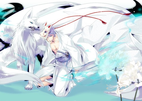 Anime picture 1403x992 with bleach studio pierrot ichimaru gin tom fringe short hair smile looking away silver hair traditional clothes japanese clothes aqua eyes open clothes alternate costume mouth hold glowing squat muscle multiple tails mask on head