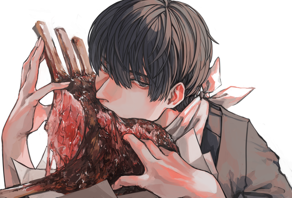 Anime picture 5300x3600 with original fatalbug896 single fringe highres short hair black hair simple background hair between eyes white background holding absurdres upper body black eyes eating expressionless boy food meat