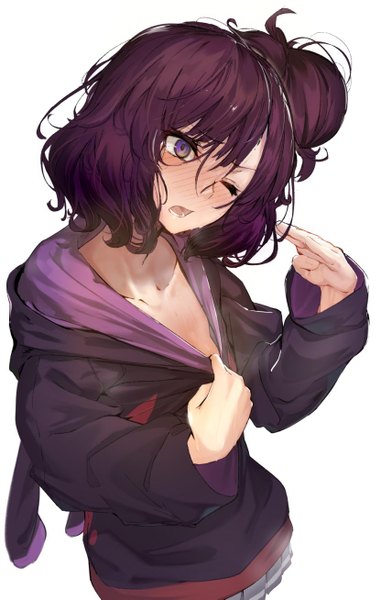 Anime picture 831x1307 with fate (series) fate/grand order katsushika hokusai (fate/grand order) tokitarou (fate/grand order) akieda single tall image blush fringe short hair open mouth simple background hair between eyes standing white background purple eyes looking away purple hair long sleeves head tilt