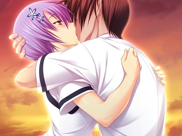 イラスト 1024x768 と 真剣で私に恋しなさい! shiina miyako 短い髪 黒髪 紫目 game cg purple hair kiss 女の子 男性
